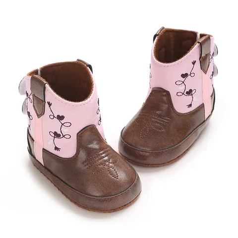 Infant Baby Cowboy Boots PU Leather Soft Sole Non-Slip Pre-Walker Mid-Calf Shoes Heart Leaf Embroidery For Boys Girls Casual Shoes