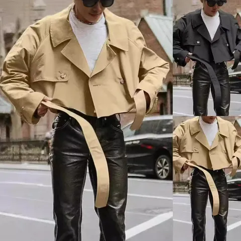 Men's Fashion Short Trench Jacket Polyester Workwear Windbreaker With Belt Lapel Loose Fit Autumn Casual Outerwear Top