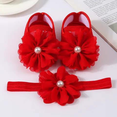 Infant Girl Princess Shoes And Headband Set Chiffon Flower Non-Slip Canvas First Walkers Newborn Party Baptism Footwear Gift