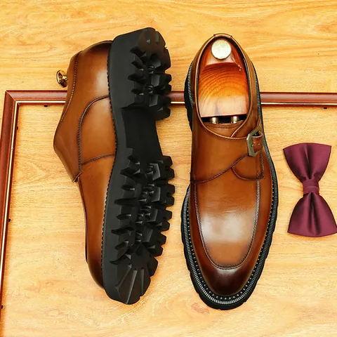 Men Vintage British Cowhide Monk Shoes Pointed Toe Buckle Thick Sole Height Increasing Business Casual Dress Shoes