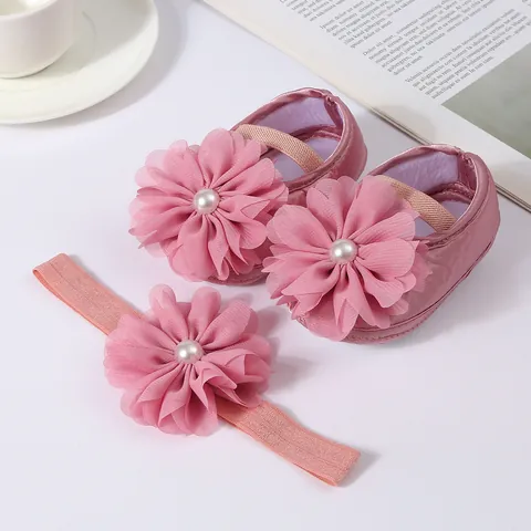 Infant Girl Princess Shoes And Headband Set Chiffon Flower Non-Slip Canvas First Walkers Newborn Party Baptism Footwear Gift