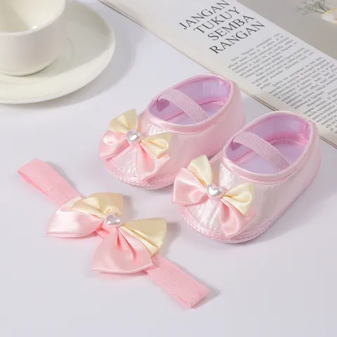 Infant Baby Girl Princess Shoes And Headband Set Soft Sole Pre-Walker Canvas Dress Shoes With Bow Artificial Pearl Decor