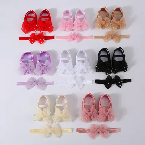 Baby Girls Satin Prewalker Shoes And Headband Set Infant Soft Sole Bowknot Artificial Pearl Christening Party Gift Set