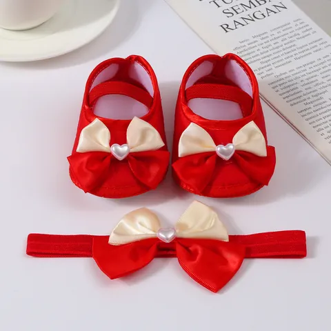 Infant Baby Girl Princess Shoes And Headband Set Soft Sole Pre-Walker Canvas Dress Shoes With Bow Artificial Pearl Decor