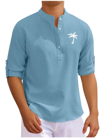 Men Waffle Knit Henley Shirt Stand Collar Coconut Tree Print Long Sleeve Casual Top Regular Fit Fashion Vacation Shirt