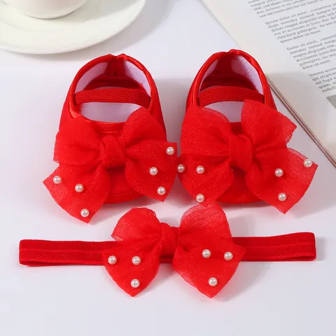Baby Girls Satin Prewalker Shoes And Headband Set Infant Soft Sole Bowknot Artificial Pearl Christening Party Gift Set