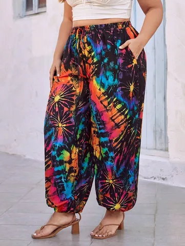 Women Plus Size Casual Tie Dye Print Joggers Loose Lantern Pants Mid Waist Drawstring Cuffed Bottom For Halloween Daily Wear