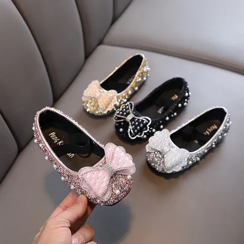 Mädchen Prinzessin Schuhe Strass Künstliche Perle Schleife PU Leder Halbschuhe Für Hochzeit Party Performance Kinder