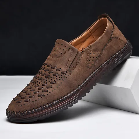 Herren Casual PU Leder Loafers Handgenäht Slip-On Flache Schuhe Atmungsaktiv Gewebt Perforiert Outdoor Schuhe Schwarz