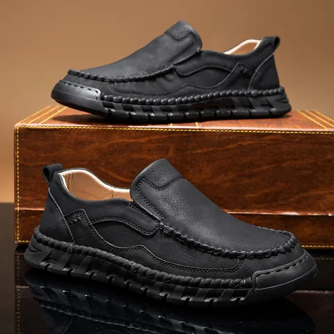 Mocassini Casual da Uomo Cuciti a Mano Scarpe Slip-on in Pelle in Microfibra Tinta Unita Retro Suola in Gomma Antiscivolo Scarpe alla Moda