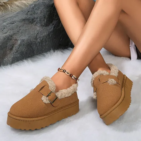 Women Winter Round Toe Faux Suede Snow Boots Belt Buckle Platform Plush Lined Warm Cotton Shoes Non-Slip Rubber Sole Boots