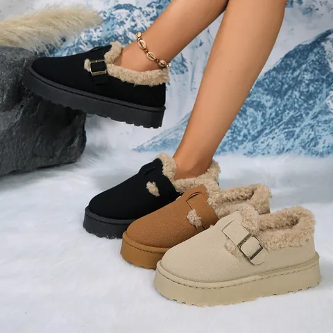 Women Winter Round Toe Faux Suede Snow Boots Belt Buckle Platform Plush Lined Warm Cotton Shoes Non-Slip Rubber Sole Boots