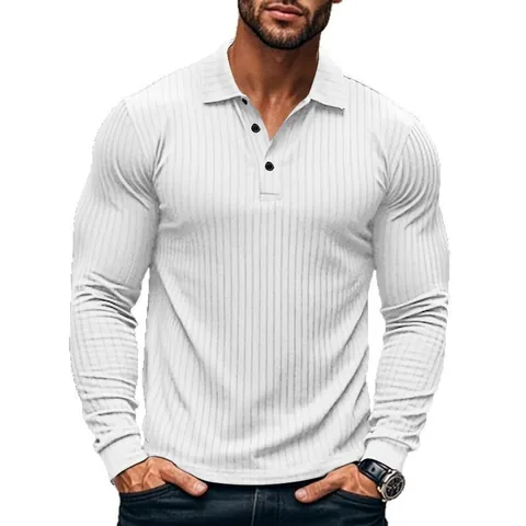 Men's Casual Slim Fit Ribbed Long Sleeve Polo Shirt Knitted Patchwork Lapel Pullover Top For Spring Autumn