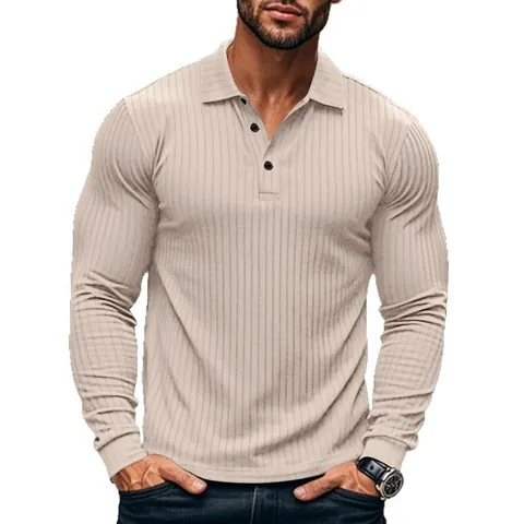 Men's Casual Slim Fit Ribbed Long Sleeve Polo Shirt Knitted Patchwork Lapel Pullover Top For Spring Autumn