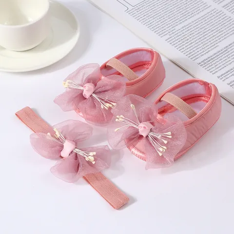 Baby Girl Princess Shoes And Headband Set Bow Mesh Flower Soft Sole First Walkers For Infant Party Birthday Baptism Gift