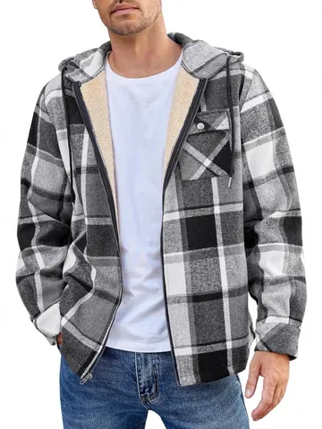 Men Plaid Flannel Hooded Jacket Sherpa Lined Zip Up Outerwear Winter Warm Casual Top Long Sleeve Buffalo Check Fleece Coat