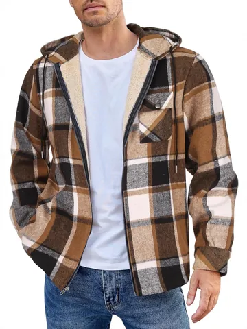 Men Plaid Flannel Hooded Jacket Sherpa Lined Zip Up Outerwear Winter Warm Casual Top Long Sleeve Buffalo Check Fleece Coat
