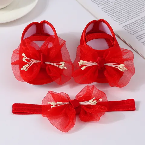 Baby Girl Princess Shoes And Headband Set Bow Mesh Flower Soft Sole First Walkers For Infant Party Birthday Baptism Gift