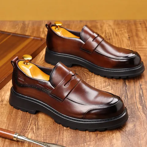 Mocasines de Cuero de Vaca para Hombre Negocios Casual Sin Cordones Zapatos de Vestir Suela Gruesa Antideslizante Calzado Formal