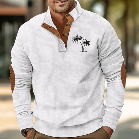 Men Vintage Corduroy Sweatshirt Stand Collar Button Top With Coconut Tree Print Elbow Patches Casual Long Sleeve Pullover