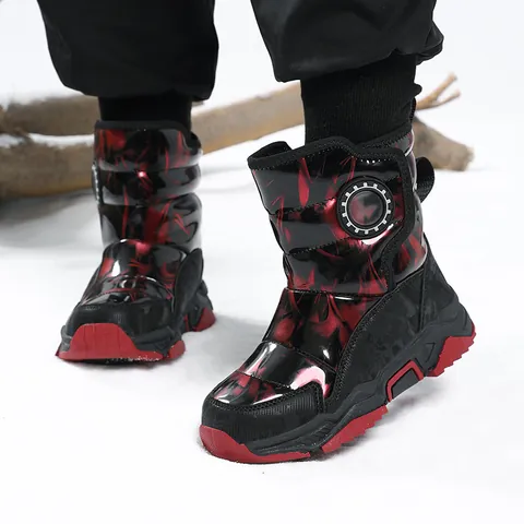 Kids Winter Snow Boots Waterproof Synthetic Leather Faux Fur Lined Warm Outdoor Boots For Boys Girls Non-Slip Thick Sole