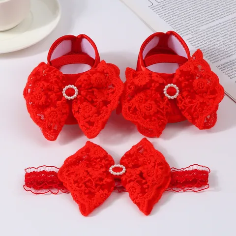 Baby Girls Princess Shoes Headband Set Mesh Lace Bow Artificial Pearl Soft Sole Pre-walker Shoes For Christening Birthday Party