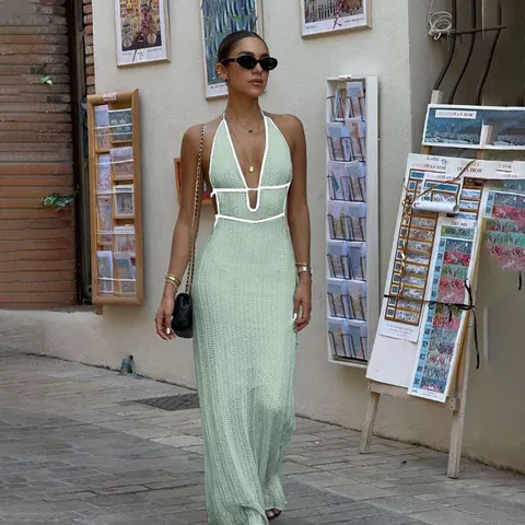 Donna Sexy All'americana Schiena Nuda Colore a Contrasto Maglia Maxi Vestito Scollo a V Allacciato Bodycon Vacanza Festa