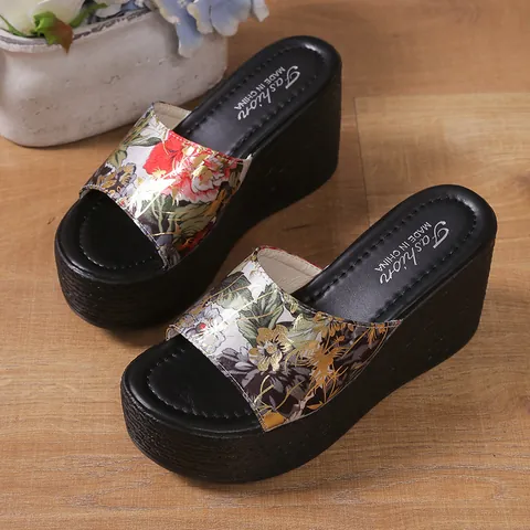 Women Platform Wedge Slippers Summer Floral Print Open Toe Mules Outdoor Beach Thick Sole Sandal Shoes For Daily Vacation