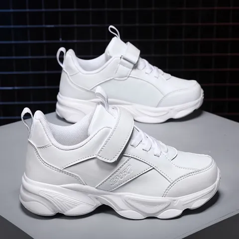 Unisex Children Kids White Black Sneakers Breathable Lightweight Non-slip Running Shoes For School Sport Casual Velcro Wear-resistant Kids Shoes