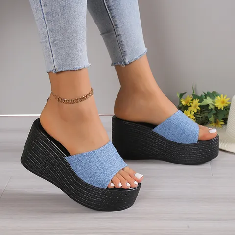 Women Western Denim Wedge Slides Braided Texture Platform Slippers Summer Casual Beach Shoes Big Size Dark Blue Black