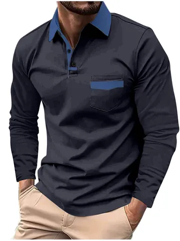 Heren Lange Mouw Poloshirt Contrast Patchwork Omvouwkraag Casual Ruime Pasvorm Polyester Top Met Zak Voor Lente Herfst