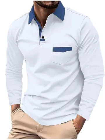 Heren Lange Mouw Poloshirt Contrast Patchwork Omvouwkraag Casual Ruime Pasvorm Polyester Top Met Zak Voor Lente Herfst