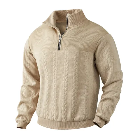 Men's American Retro Stand Collar Half Zipper Sweatshirt Heavyweight Patchwork Cable Knit Jacquard Long Sleeve Pullover Casual Top