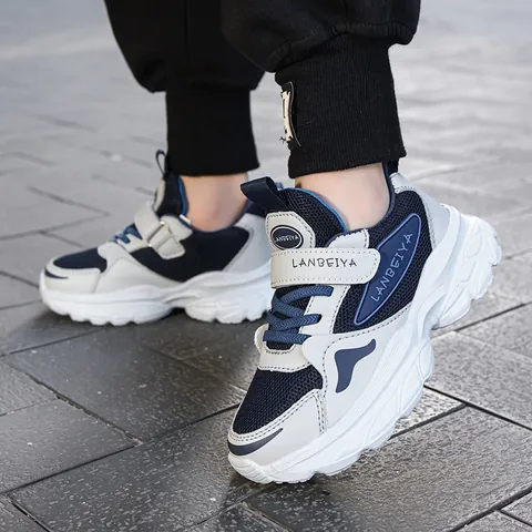 Kids Breathable Mesh Sneakers Boys Fashion Chunky Shoes 7-12 Years Old Outdoor Velcro Running Sneakers LANBEIYA