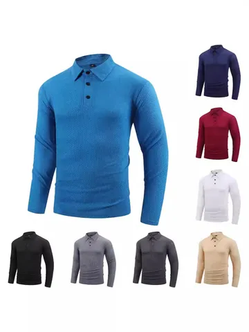 Men Jacquard Plaid Long Sleeve Polo Shirt High Elastic Lapel Top Casual Autumn Spring Acrylic Smart Casual Polo Shirt