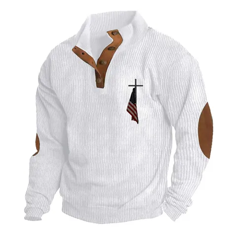 Men's Vintage Corduroy Sweatshirt Long Sleeve Stand Collar 4 Button Henley Graphic Flag Cross Print Retro Pullover Top