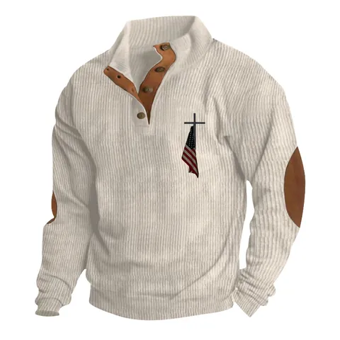 Men's Vintage Corduroy Sweatshirt Long Sleeve Stand Collar 4 Button Henley Graphic Flag Cross Print Retro Pullover Top