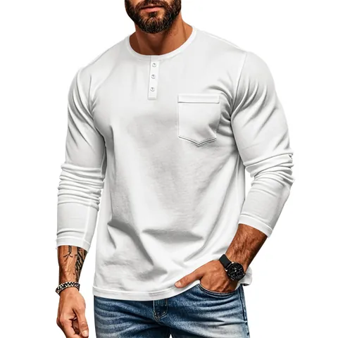 Men's Long Sleeve Henley T-Shirt Slim Fit Casual Tee With Chest Pocket Autumn Winter Breathable Polyester Base Layer Top