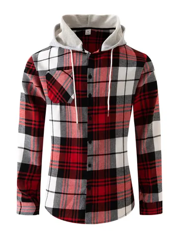 Camicia da Uomo Streetwear Casual in Flanella a Quadri Con Cappuccio Misto Cotone Manica Lunga Patchwork Camicia a Quadri