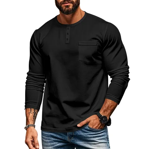 Men's Long Sleeve Henley T-Shirt Slim Fit Casual Tee With Chest Pocket Autumn Winter Breathable Polyester Base Layer Top