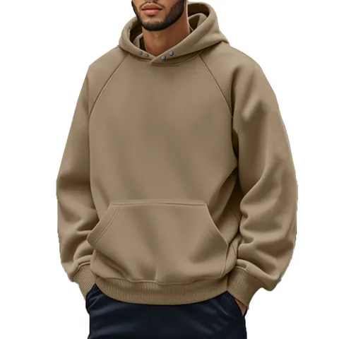 Men's Casual Fleece Hoodie Autumn Winter Heavyweight Pullover Sweatshirt With Kangaroo Pocket Metal Button Loose Fit Top