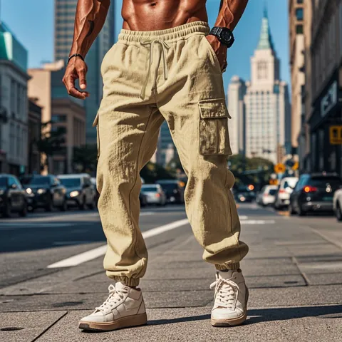 Men Casual Cargo Jogger Pants Cotton Blend Multi-Pocket Drawstring Trousers Solid Color Straight Leg Breathable Bottoms