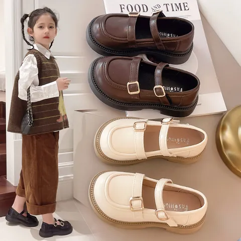 Girls Classic British Style Mary Jane Shoes Princess Double Buckle Flat Non-Slip Synthetic Leather School Dress Shoes For Kids