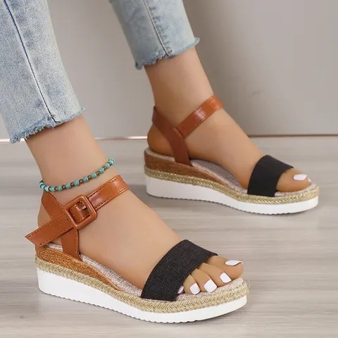 Women's Platform Wedge Sandals Casual Ankle Strap Beach Shoes Summer Bohemian Woven Straw Detail Fashion Vacation Footwear