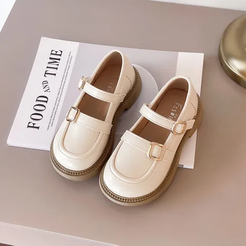 Girls Classic British Style Mary Jane Shoes Princess Double Buckle Flat Non-Slip Synthetic Leather School Dress Shoes For Kids