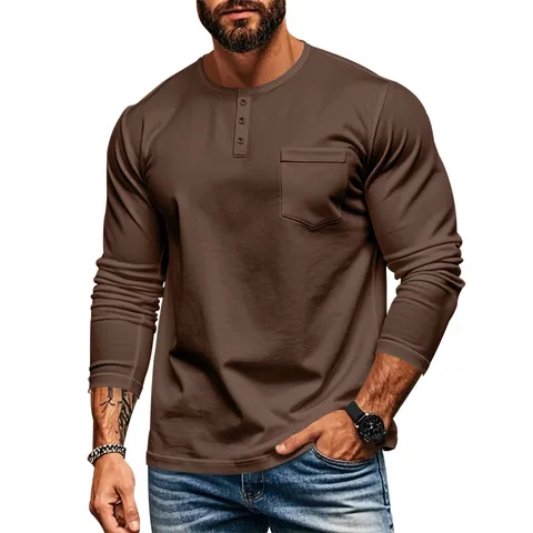 Men's Henley Neck Long Sleeve T-Shirt Slim Fit Polyester Casual Breathable Solid Color Top With Chest Pocket