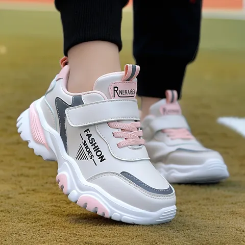 Kids Fashion Dad Shoes Breathable Synthetic Leather Sport Sneakers Hook-and-loop Closing Anti-slip Thick Sole For Boys Girls Daily Casual Wear