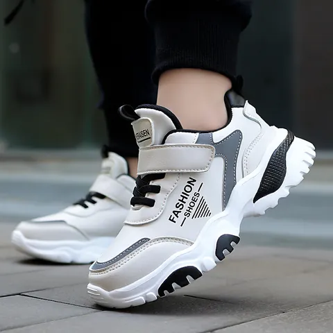 Kids Fashion Dad Shoes Breathable Synthetic Leather Sport Sneakers Hook-and-loop Closing Anti-slip Thick Sole For Boys Girls Daily Casual Wear