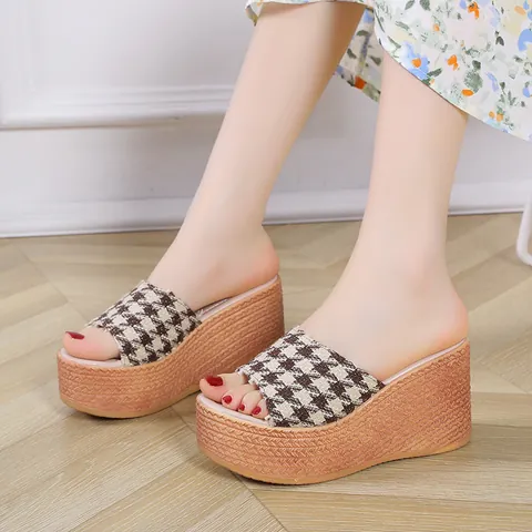 Pantuflas de Cuña para Mujer Patrón Pata de Gallo Boca de Pez Sandalias de Plataforma Casual Suela Tejida Retro Verano Playa