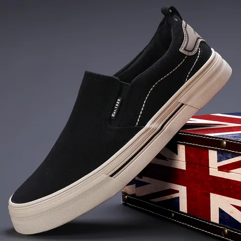 Men's Casual Canvas Shoes Fashion Low Top Slip-on Board Shoes Lightweight Breathable Flat Loafers Vulcanized Sneakers